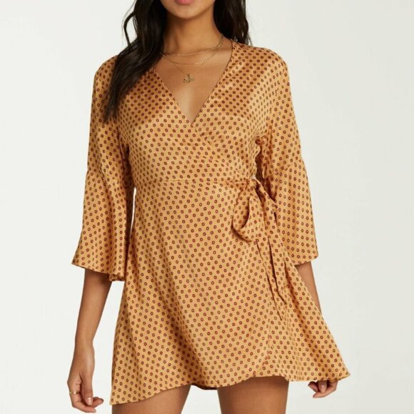 Billabong Divine Day Golden 70's Vibe Wrap Mini Dress Bell Sleeve Womens sz M - Picture 1 of 8